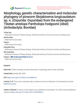 Morphology, Genetic Characterization and Molecular Phylogeny of Pinworm Skrjabinema Longicaudatum Sp