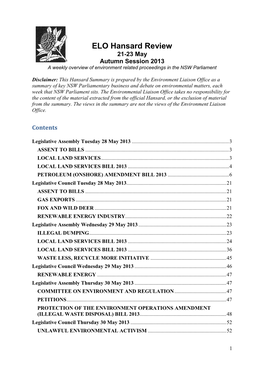 ELO Hansard Review 21-23 May Autumn Session 2013 a Weekly Overview of Environment Related Proceedings in the NSW Parliament