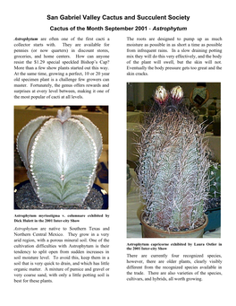 San Gabriel Valley Cactus and Succulent Society Cactus of the Month September 2001 - Astrophytum