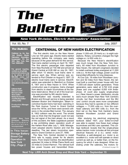 The Bulletin CENTENNIAL of NEW HAVEN ELECTRIFICATION Published by the New the First Electric Train on the New Haven Phase 11,000-Volt, 25 Hertz A.C