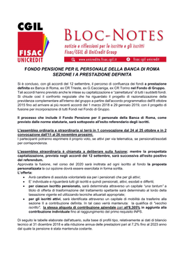 Fondo Pensione Per Il Personale Della Banca Di Roma Sezione I a Prestazione Definita