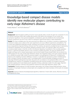 Knowledge-Based Compact Disease Models Identify New Molecular Players Contributing to Early-Stage Alzheimer’S Disease Anatoly Mayburd1* and Ancha Baranova1,2*