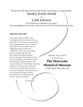 The Worcester Historical Museum Stanley Kunitz Medal Carle Johnson