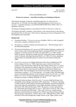 FINAL DETERMINATION Prototroctes Maraena – Australian Grayling As an Endangered Species