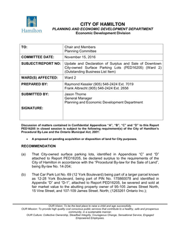 CITY of HAMILTON PLANNING and ECONOMIC DEVELOPMENT DEPARTMENT Economic Development Division