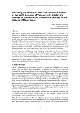 The Discourse Models of the NATO Bombing of Yugoslavia in Milošević's Address to the Nation and Đukanović's Address to the Citizens of Montenegro