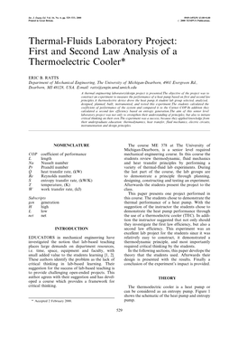 Thermal-Fluids Laboratory Project: First and Second Law Analysis of a Thermoelectric Cooler*
