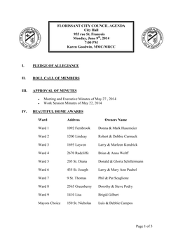 Page 1 of 3 I. PLEDGE of ALLEGIANCE II. ROLL CALL of MEMBERS III. APPROVAL of MINUTES Meeting and Executive Minutes of May 27