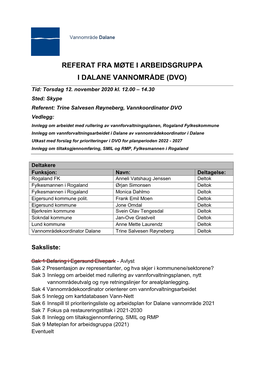 Referat Fra Møte I Arbeidsgruppa I Dalane Vannområde (Dvo)