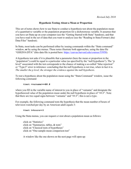 Revised July 2018 Hypothesis Testing About a Mean Or Proportion This