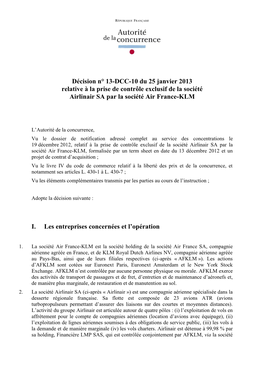 Décision N° 13-DCC-10 Du 25 Janvier 2013 Relative À La Prise De Contrôle Exclusif De La Société Airlinair SA Par La Société Air France-KLM