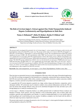 The Role of Arctium Lappa L. Extract Against Zinc Oxide Nanoparticles Induced Hepato-Cardiotoxicity and Hyperlipidemia in Male Rats