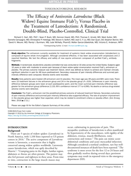 The Efficacy of Antivenin Latrodectus (Black Widow) Equine Immune F