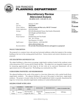 Discretionary Review Abbreviated Analysis HEARING DATE: JANUARY 24, 2013
