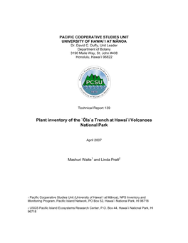 Plant Inventory of the `Ōla`A Trench at Hawai`I Volcanoes National Park