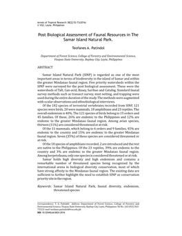 Post Biological Assessment of Faunal Resources in the Samar Island Natural Park