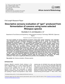 Descriptive Sensory Evaluation of “Gari” Produced from Fermentation of Cassava Using Some Selected Rhizopus Species