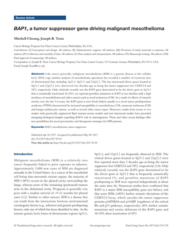 BAP1, a Tumor Suppressor Gene Driving Malignant Mesothelioma