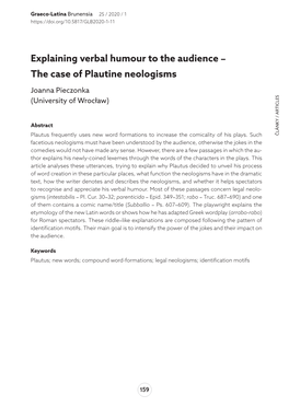 Explaining Verbal Humour to the Audience – the Case of Plautine Neologisms