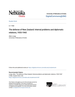 The Defense of New Zealand: Internal Problems and Diplomatic Relations, 1935-1943