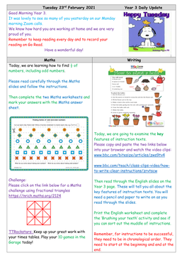 Tuesday 23Rd February 2021 Year 3 Daily Update Good Morning Year 3