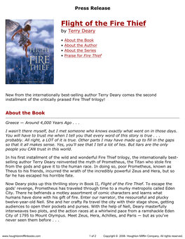 Press Release for Flight of the Fire Thief Published by Houghton Mifflin Company