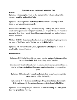 Ephesians 3:1-11 • Manifold Wisdom of God Review Ephesians 1:9 Making Known to Us the Mystery of His Will, According to His Purpose, Which He Set Forth in Christ