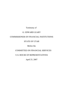 Testimony of G. EDWARD LEARY COMMISSIONER of FINANCIAL