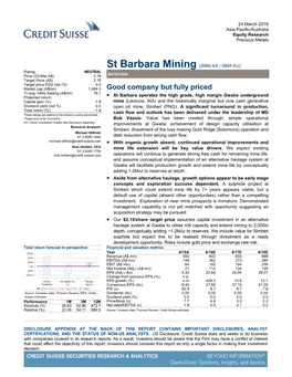 St Barbara Mining (SBM.AX) – Good Company but Fully Priced