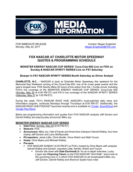 Fox Nascar at Charlotte Motor Speedway Quotes & Programming Schedule