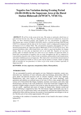 Negative Ion Variation During Evening Period (16:00-18:00) in the Sugarcane Area at the Rural Station Bhilawadi (16 59 20 N, 74