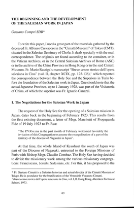 THE BEGINNINGAND the DEVELOPMENT of the SALESIAN WORK in JAPAN Salesiana in Cina" (Vol. II, Chapter XCIX, Pp. 125-136),1 Wh