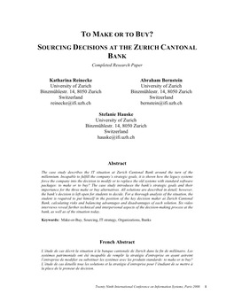 SOURCING DECISIONS at the ZURICH CANTONAL BANK Completed Research Paper