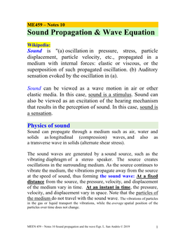 ME459 – Notes 10 Sound Propagation & Wave Equation