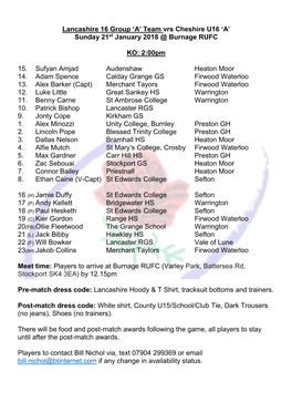 'A' Team Vrs Cheshire U16 'A' Sunday 21St January 2018 @ Burnage