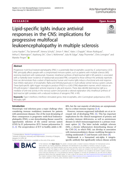 Implications for Progressive Multifocal Leukoencephalopathy in Multiple Sclerosis Lorna Hayden1, Tiia Semenoff1, Verena Schultz1, Simon F