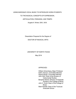 Using Baroque Vocal Music to Introduce Horn Students to the Musical Concepts of Expression, Articulation, Phrasing, and Tempo