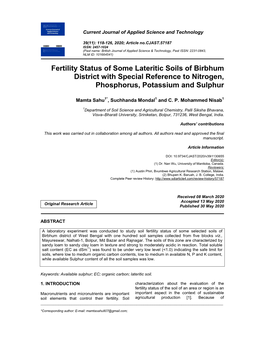 Fertility Status of Some Lateritic Soils of Birbhum District with Special Reference to Nitrogen, Phosphorus, Potassium and Sulphur