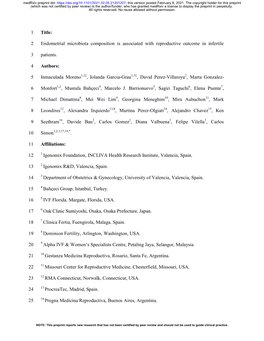 1 Endometrial Microbiota Composition Is Associated with Reproductive Outcome in Infertile 2 Patients. 3 Authors