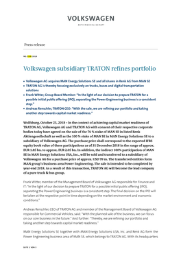 Volkswagen Subsidiary TRATON Refines Portfolio