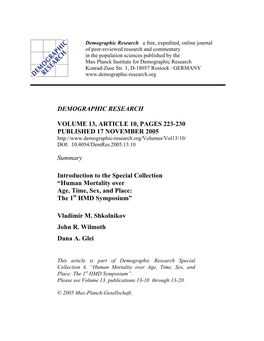 Human Mortality Over Age, Time, Sex, and Place: the 1St HMD Symposium”