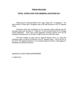 Press Release Total Votes Cast for General Election