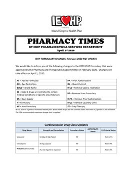 PHARMACY TIMES by IEHP PHARMACEUTICAL SERVICES DEPARTMENT April 1St 2020