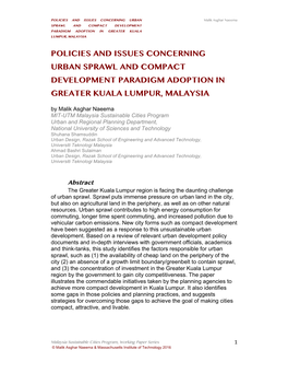 Policies and Issues Concerning Urban Sprawl and Compact Development Paradigm Adoption in Greater Kuala Lumpur, Malaysia