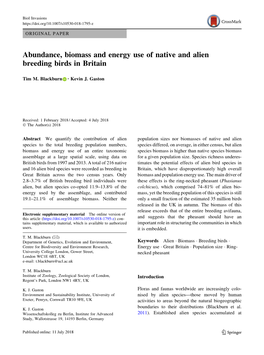 Abundance, Biomass and Energy Use of Native and Alien Breeding Birds in Britain