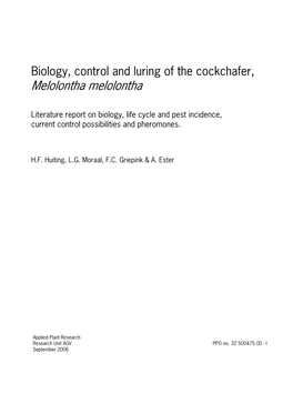 Biology, Control and Luring of the Cockchafer, Melolontha Melolontha