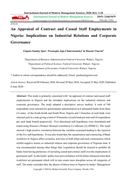 An Appraisal of Contract and Casual Staff Employments in Nigeria: Implications on Industrial Relations and Corporate Governance