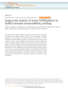 Large-Scale Analysis of Lysine Sumoylation by SUMO Remnant Immunoafﬁnity Proﬁling