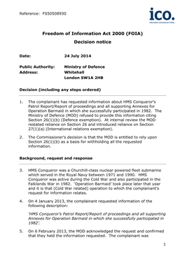 Freedom of Information Act 2000 (FOIA) Decision Notice