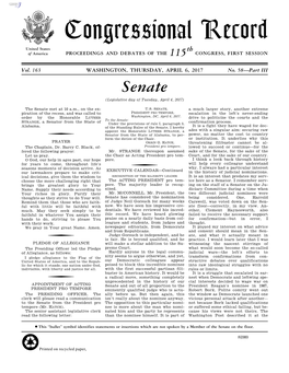 Congressional Record United States Th of America PROCEEDINGS and DEBATES of the 115 CONGRESS, FIRST SESSION